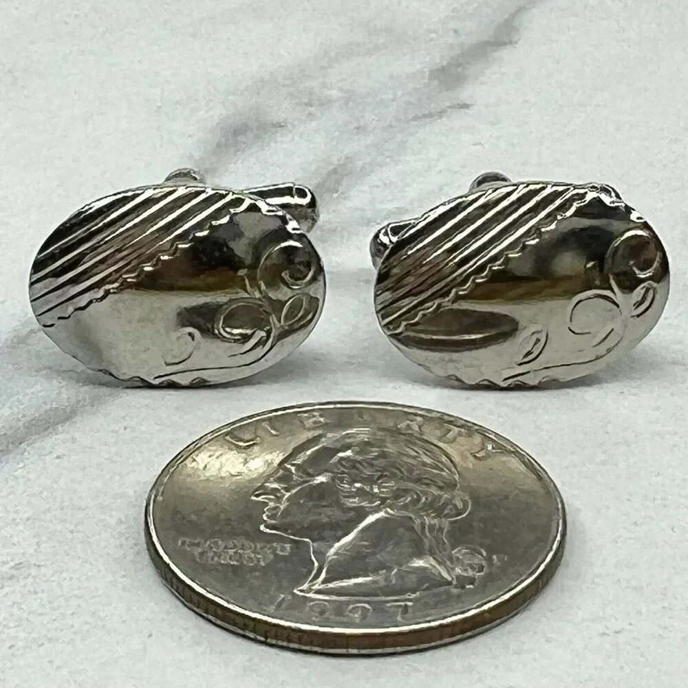 Vintage Silver Tone Engraved Vine Oval Cufflinks